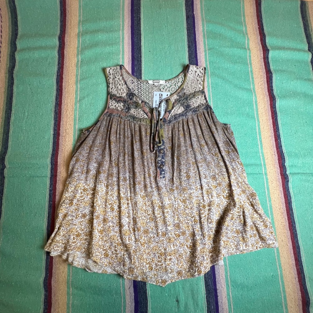 Tank Top Womens Small Brown Floral Crochet Lace Boho Babydoll Pleat
